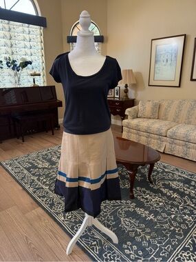 Ann Taylor Beige A-Line Skirt with Navy and Blue Stripe